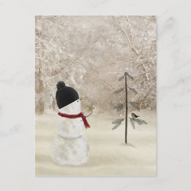 Cartão Postal Boneco de Neve de Natal Com Estrela Dourada  (Frente)