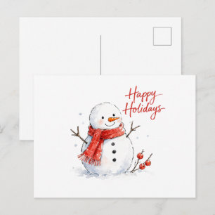 Cartão Postal Boneco de Neve em Aquarela com Cachecol Vermelho