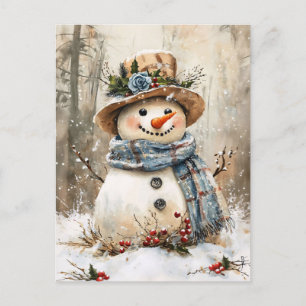 Cartão Postal Boneco de Neve Festivo na Floresta