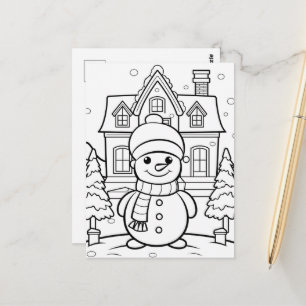 Cartão Postal Boneco de neve festivo para colorir infantil 