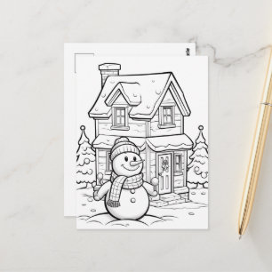 Cartão Postal Boneco de Neve Festivo para colorir infantil