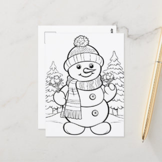 Cartão Postal Boneco de Neve Festivo para colorir infantil