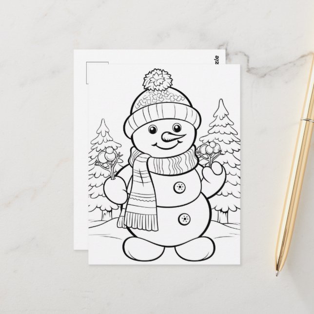 Cartão Postal Boneco de Neve Festivo para colorir infantil  (Frente/Verso In Situ)