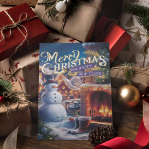 Cartão Postal Boneco de Neve Festivo perto da Lareira