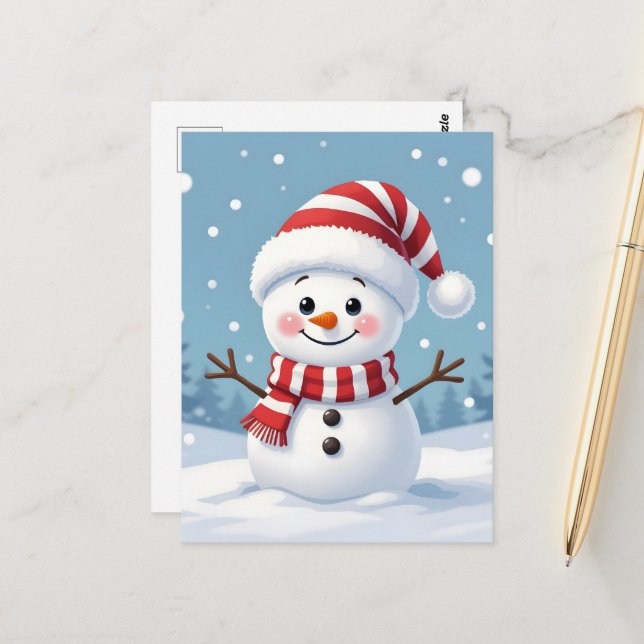 Cartão Postal Boneco de neve fofo com cachecol e chapéu (Frente/Verso In Situ)