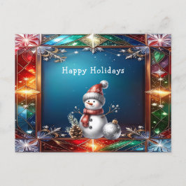 Cartão Postal Boneco de Neve Fofo em Moldura de Vidro Colorido C