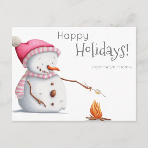 Cartão Postal Boneco de Neve Fofo Torrando Marshmallows Férias e