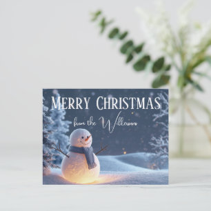 Cartão Postal Boneco de Neve Mágico numa Noite de Inverno Natal