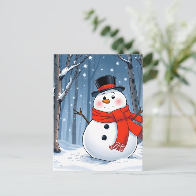Cartão Postal Boneco de neve na floresta fria com cachecol verme (Em pé/Frente)