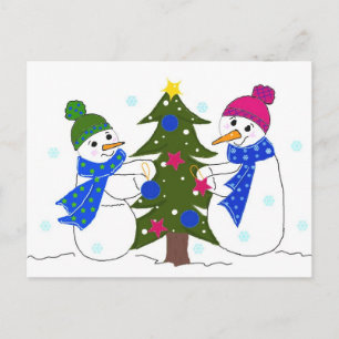 Cartão Postal Bonecos de Neve Fofos Decorando uma Árvore