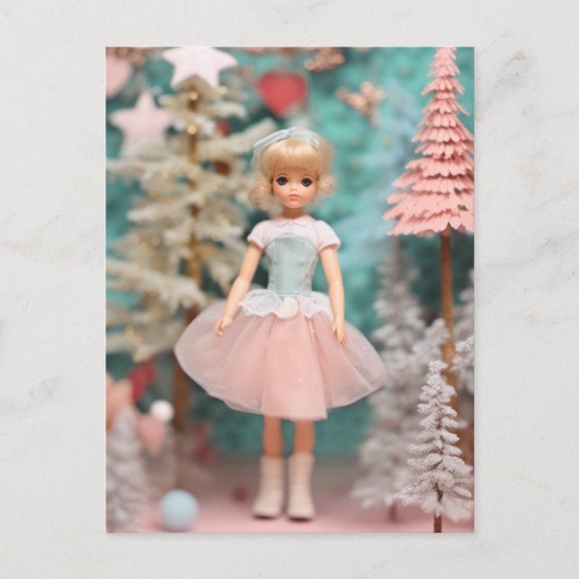 Cartão Postal Bonita Blona Pastel Retro Boneca de Natal (Frente)