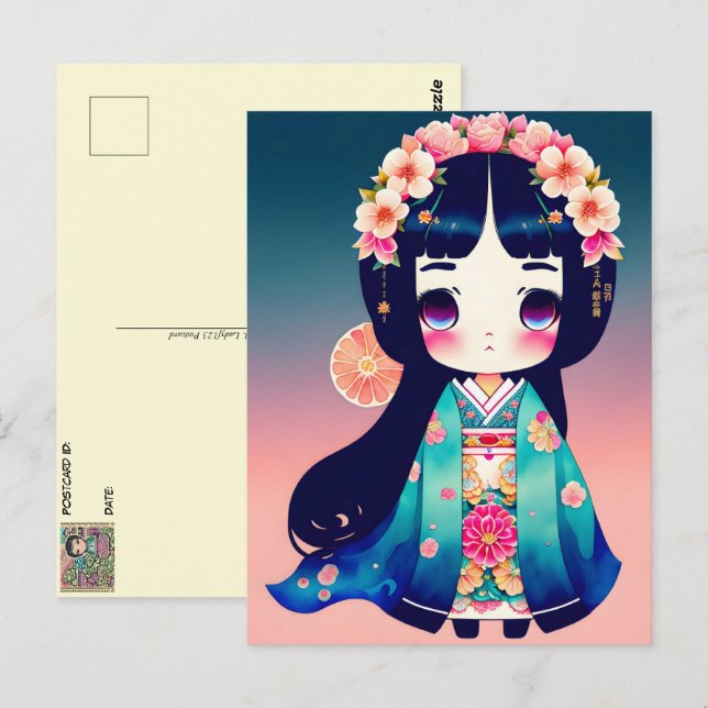 Cartão Postal Bonita Boneca Kokeshi, Posto (Frente/Verso)
