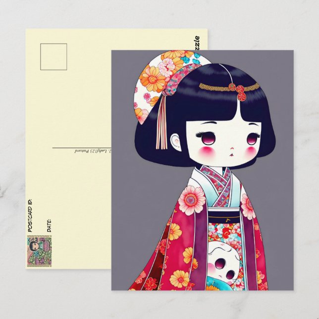 Cartão Postal Bonita Boneca Kokeshi, Posto (Frente/Verso)