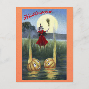 Cartão Postal Bonita Engraçada Vintage Halloween Bruxa Pumpkin