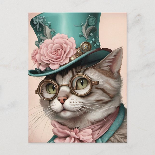 Cartão Postal Bonita Gato Steampunk (Frente)