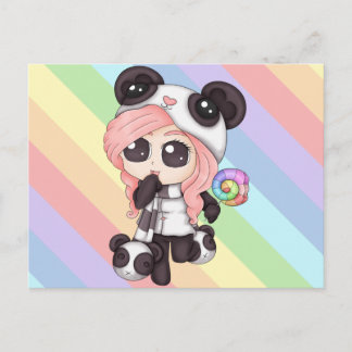 Cartão Postal Bonita Menina de Panda de Animação Arco-Íris