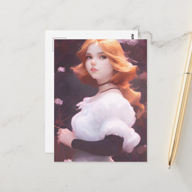 Cartão Postal Bonita Menina Entre Retrato De Flores Rosa (Frente/Verso In Situ)