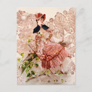 Cartão Postal Bonita Senhora Vintage Em Vestido Rosa
