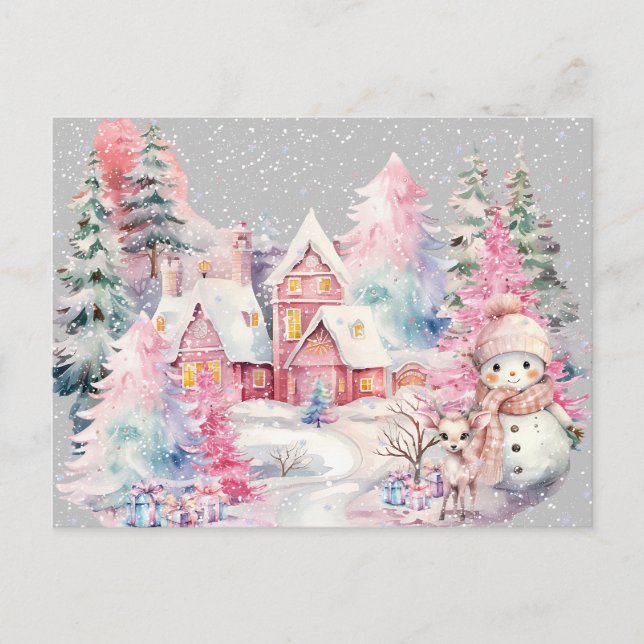 Cartão Postal Bonita Snowman Winter Wonderland Rosa (Frente)