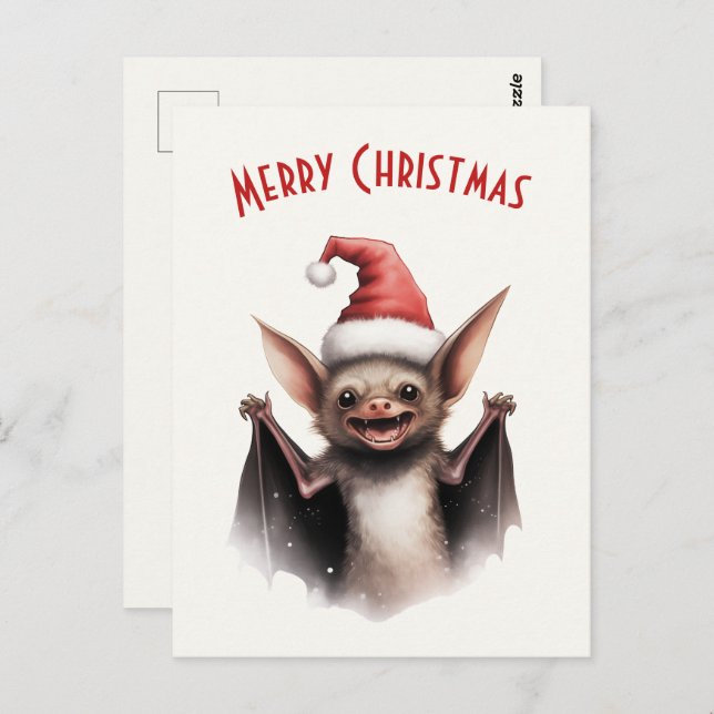 Cartão Postal Bonito Bat Santa Hat Red Poinsettia Natal (Frente/Verso)