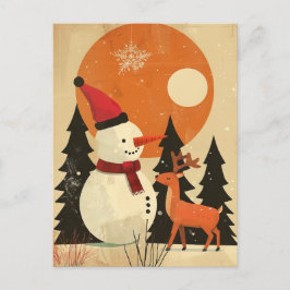 Cartão Postal Bonito boneco de neve com Reindeer Retro Meio sécu