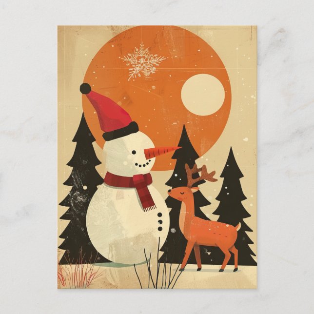 Cartão Postal Bonito boneco de neve com Reindeer Retro Meio sécu (Frente)