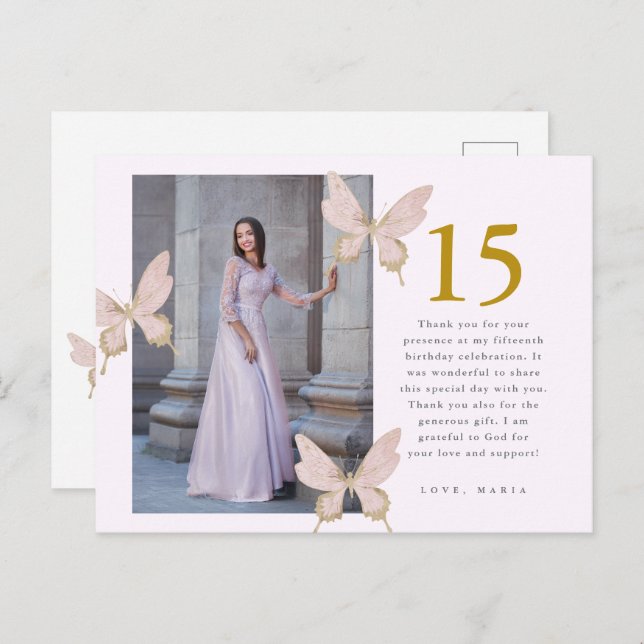 Cartão Postal Bonito Borboletas Duas Fotografias Quinceanera Obr (Frente/Verso)