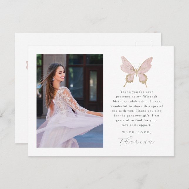Cartão Postal Bonito Butterfly Blush Photo Quinceanera Obrigado (Frente/Verso)