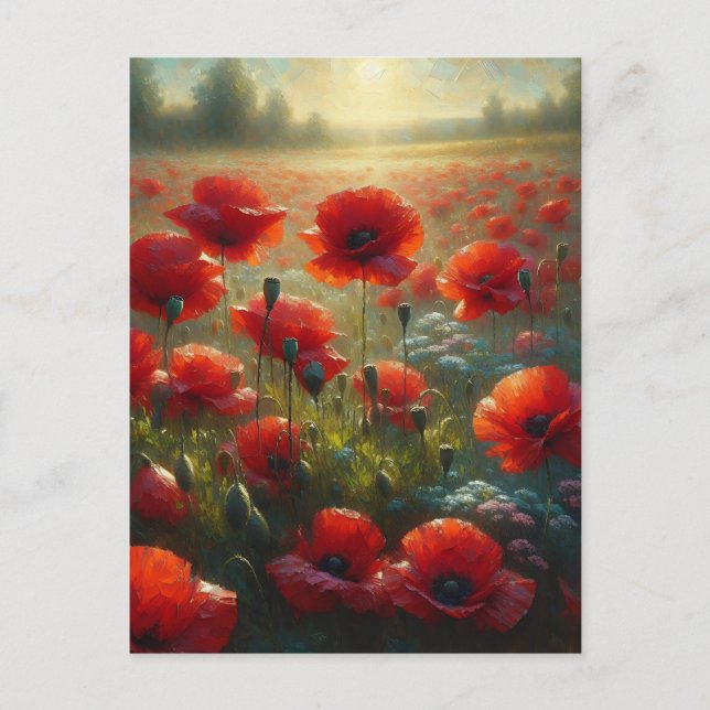 Cartão Postal Bonito Campo Vermelho Poppy | Dizendo Oi (Frente)