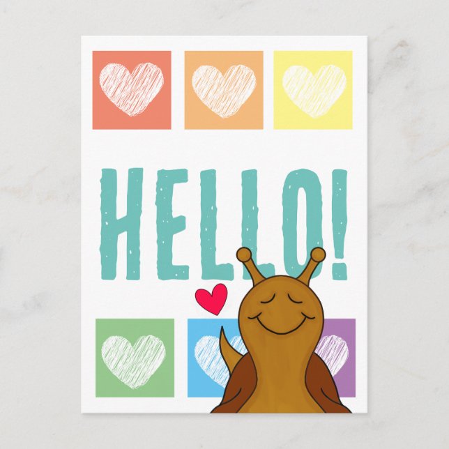 Cartão Postal Bonito Caracol Rainbow Heart Hello | (Frente)