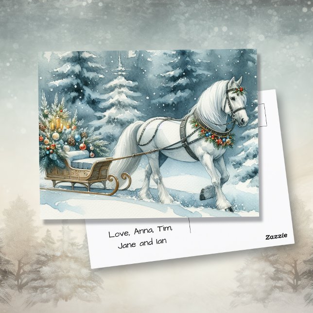 Cartão Postal Bonito Cavalo de inverno e um Sleigh de Natal (Criador carregado)