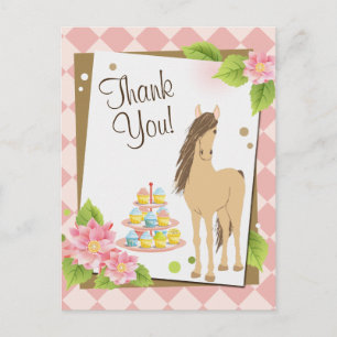 Cartão Postal Bonito Cavalo Marrom e Flores Rosa Obrigado