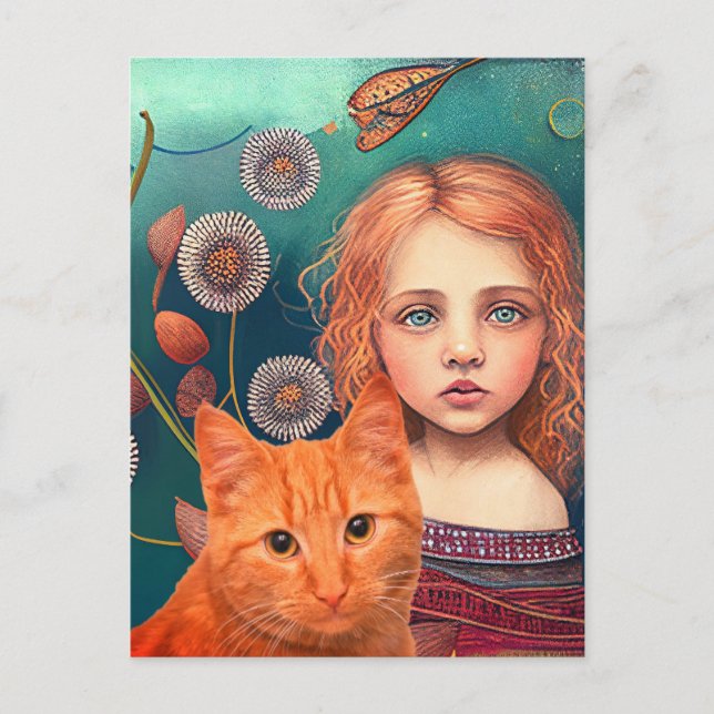 CARTÃO POSTAL bonito DE MENINA E GINGER CAT (Frente)