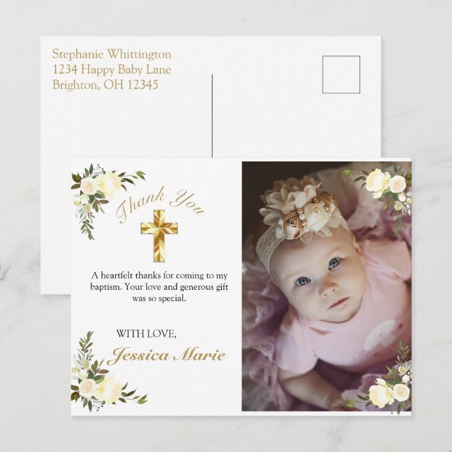 Cartão Postal Bonito Floral Dourada Cruz Baptism Foto Obrigado (Frente/Verso)