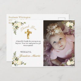 Cartão Postal Bonito Floral Dourada Cruz Baptism Foto Obrigado