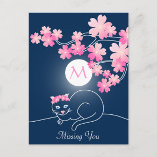 Cartão Postal Bonito Gato Cerejeiro Flores Lua Rosa Sakura Azul