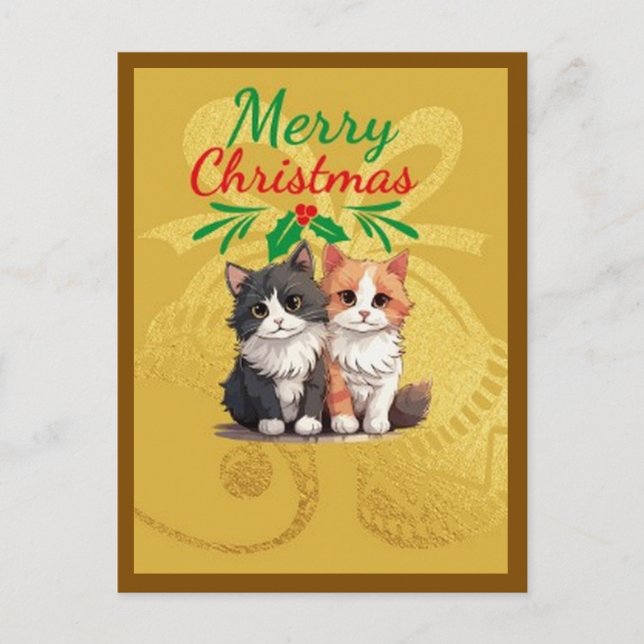 Cartão Postal Bonito gato e cão Ouro de Natal Feliz (Frente)