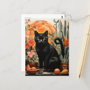 Cartão Postal Bonito Gato Negro na Vida Familiar