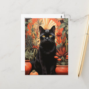 Cartão Postal Bonito gato preto nas plantas tropicais