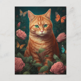 Cartão Postal Bonito Ginger Cat com Cartaz Rosa