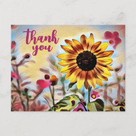 Cartão Postal Bonito Girassol Amarelo e Flores Rosa Obrigado