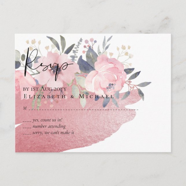 Cartão Postal Bonito Girly Rosegold Floral Glam Wedding (Frente)