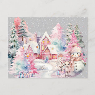 Cartão Postal Bonito Homem de Neve Rosa no Inverno Mágico
