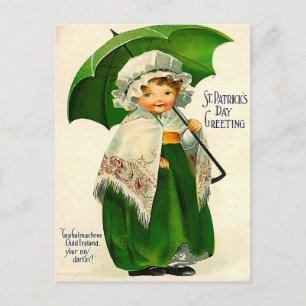 Cartão Postal Bonito Irish Girl com guarda-chuva verde