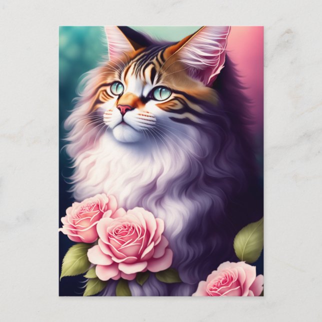 Cartão Postal Bonito Maine Coon & Flowers (Frente)