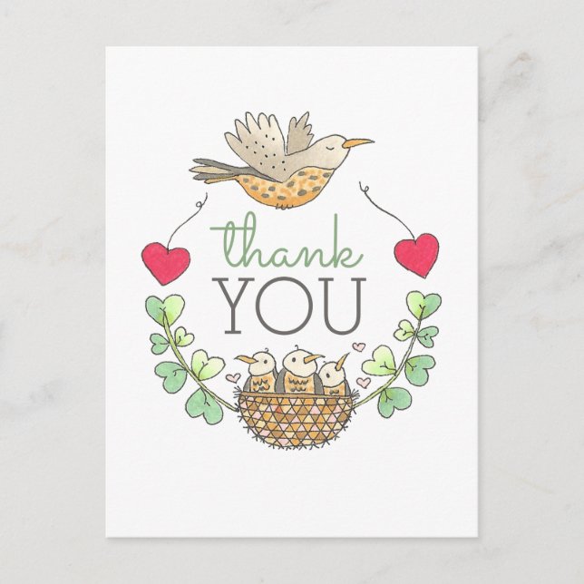 Cartão Postal Bonito Ninho De Pássaro Obrigado (Frente)
