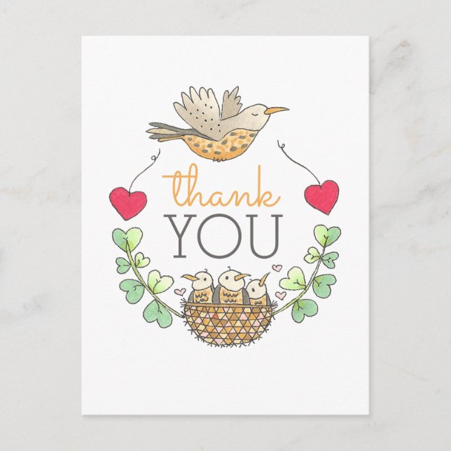 Cartão Postal Bonito Ninho De Pássaro Obrigado (Frente)