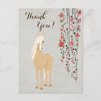 Cartão Postal Bonito Palomino Pony e Flores Cavalo Obrigado