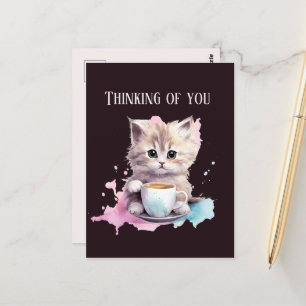 Cartão Postal Bonito pensar em seu café, gato