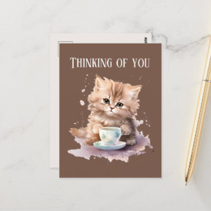 Cartão Postal Bonito pensar em seu café, gato